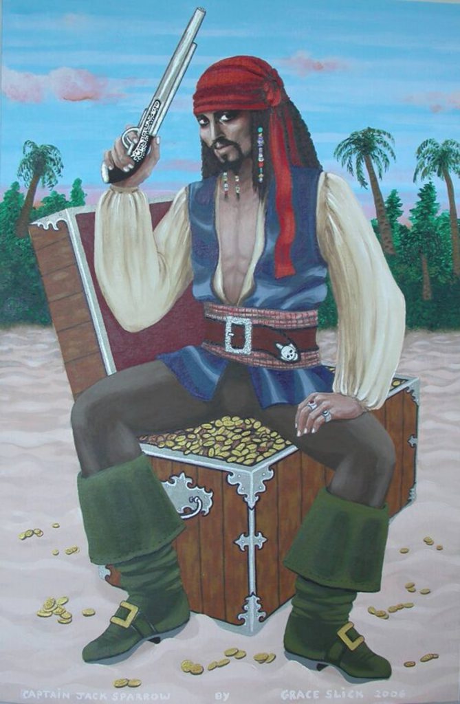 a painting of a pirate holding a gun