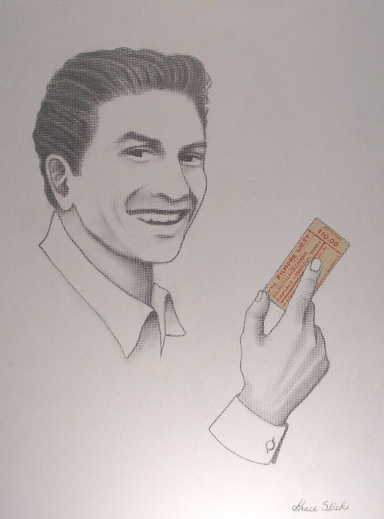 a drawing of a man holding a ticket