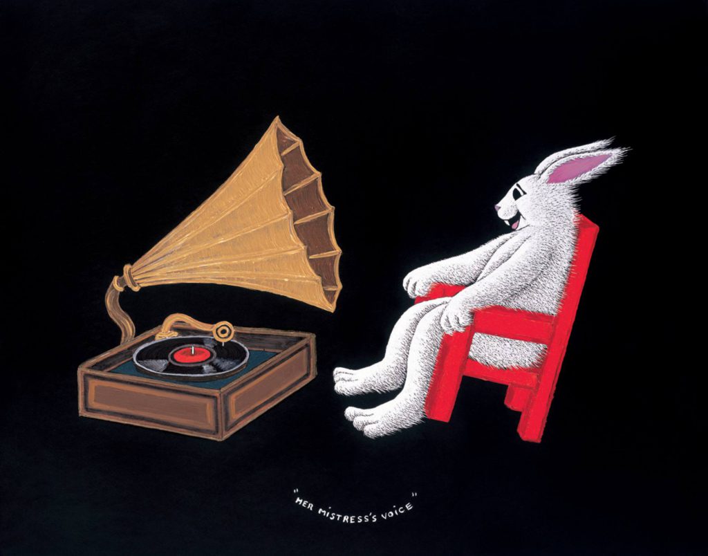 a rabbit sitting in a chair and a gramophone