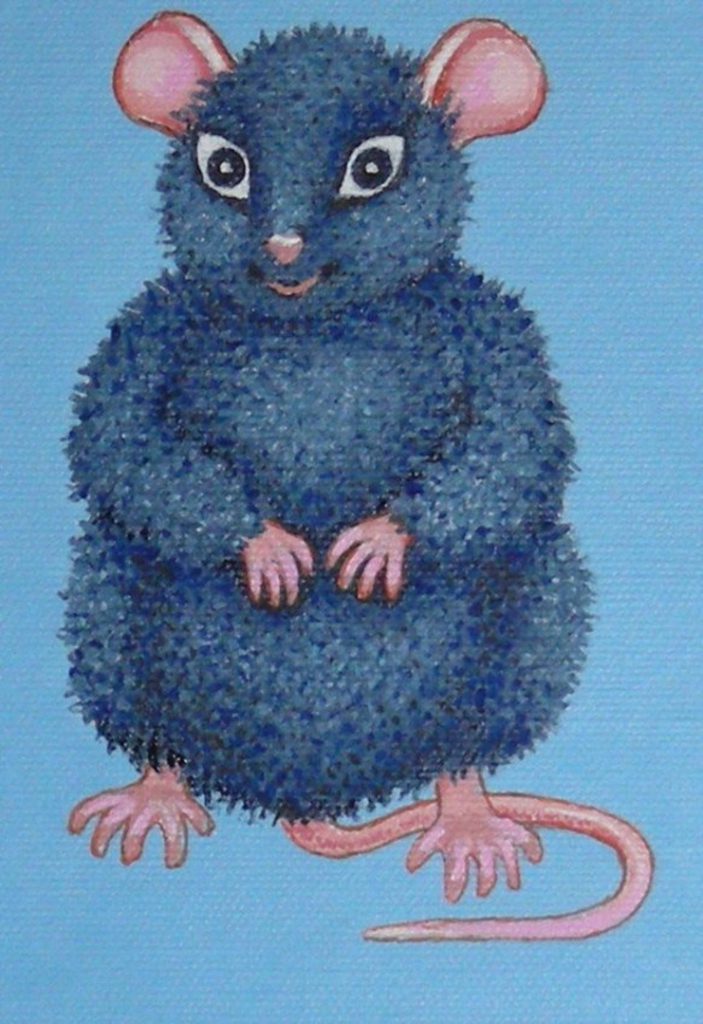 a blue furry animal with pink tails