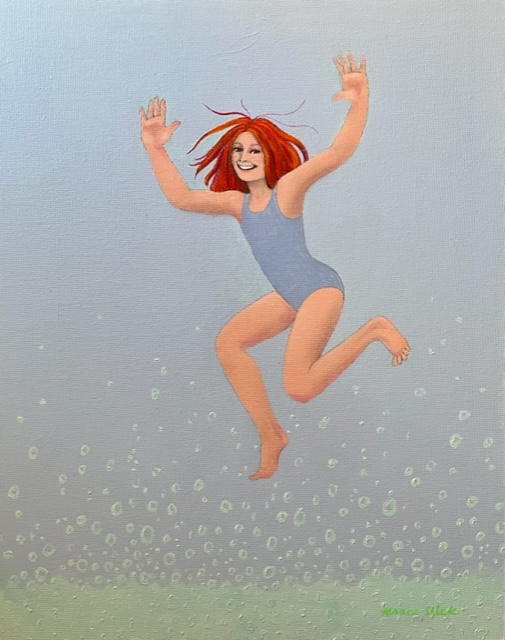 a painting of a woman jumping in the air
