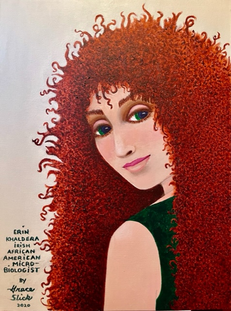 a painting of a woman with long red hair