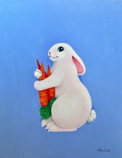 a painting of a rabbit holding carrots